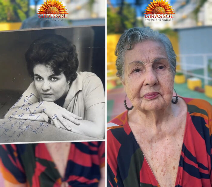 A Brazil nursing home resident holding a photo of her younger self, then her older self with dark earrings.