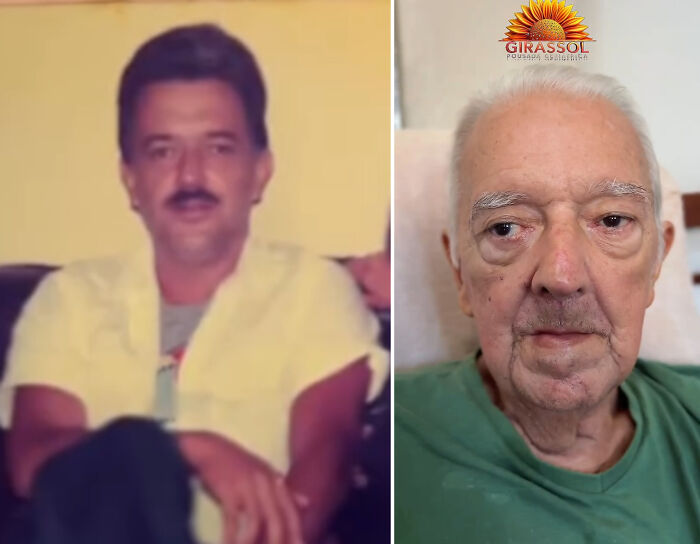 A split image showing a Brazil nursing home resident as his younger self with a mustache and now older.