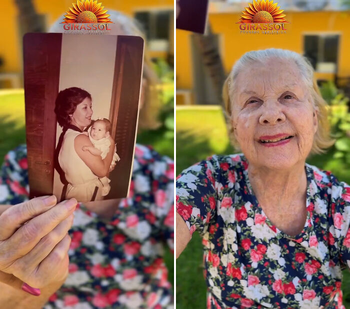 A Brazil nursing home resident holding a photo of her younger self holding a baby, then her smiling.