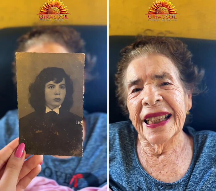 A Brazil nursing home resident holding a photo of her younger self with dark curly hair and a bow tie.