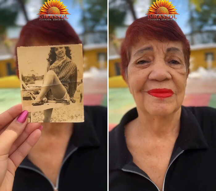 Nursing home resident in Brazil proudly displaying her younger self photo, part of a heartwarming trend.