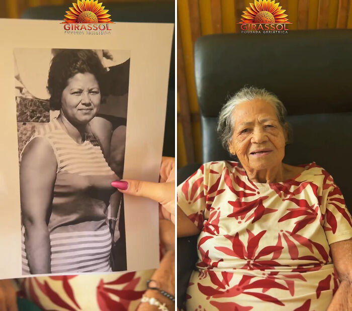 A heartwarming trend in Brazil featuring a nursing home resident alongside a photograph of her younger self.