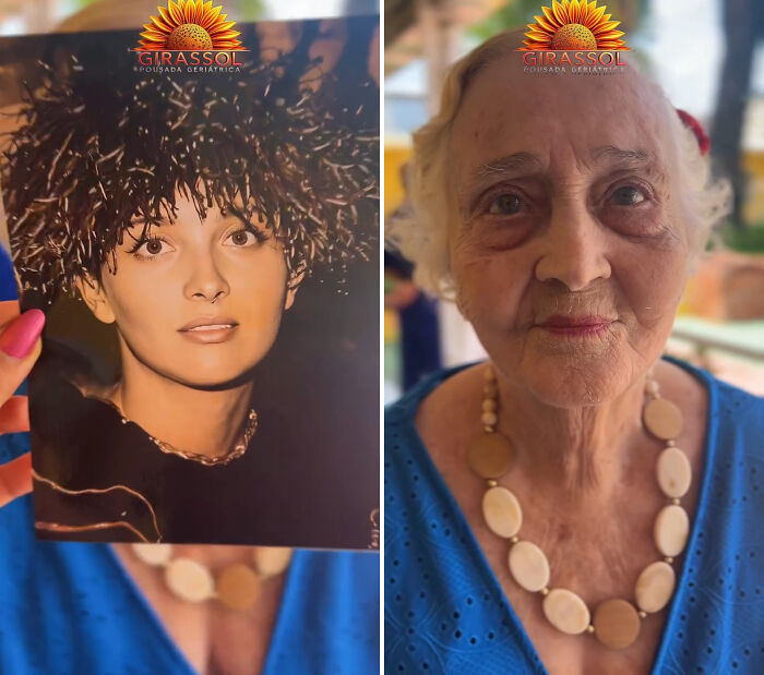 Nursing home resident in Brazil with her younger self photo, showing a heartwarming trend of aging.