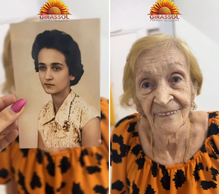 Nursing home resident in Brazil with short hair, holding a photo of her younger self.