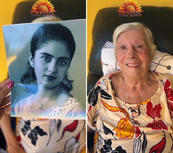 Nursing home resident in Brazil looking at a photo of her younger self with long hair.