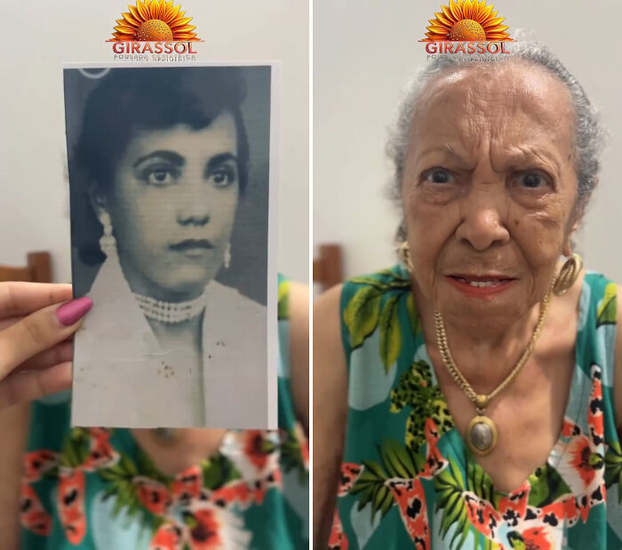 Nursing home resident in Brazil comparing her current self with a photo of her younger self.