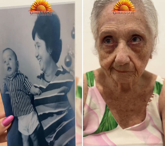 Nursing home resident in Brazil holding a photo of her younger self with a baby.