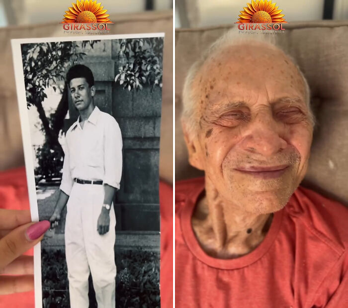 A Brazilian nursing home resident with closed eyes smiles, holding a photo of his younger self standing outdoors.