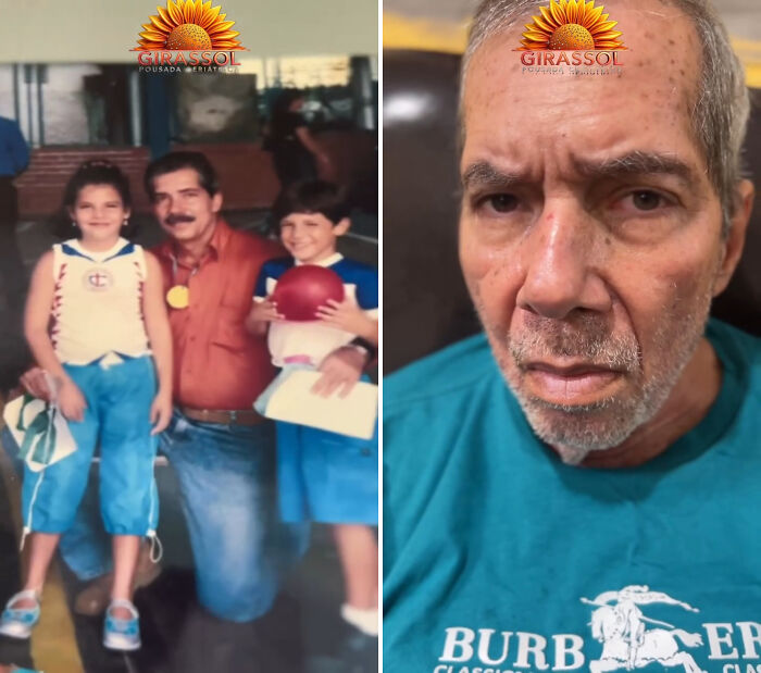 A Brazilian nursing home resident looks serious, next to a photo of his younger self with two children, a heartwarming trend.