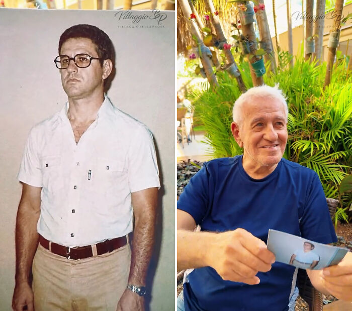 A nursing home resident in Brazil smiles, holding a photo of his younger self wearing glasses and a collared shirt.