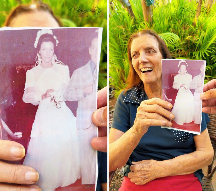 A cheerful nursing home resident in Brazil holds a photo of her younger self in a wedding dress, a heartwarming trend.