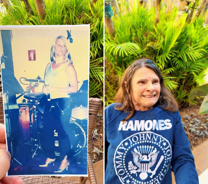 A nursing home resident in Brazil smiles, holding a photo of her younger self playing drums, a heartwarming trend.