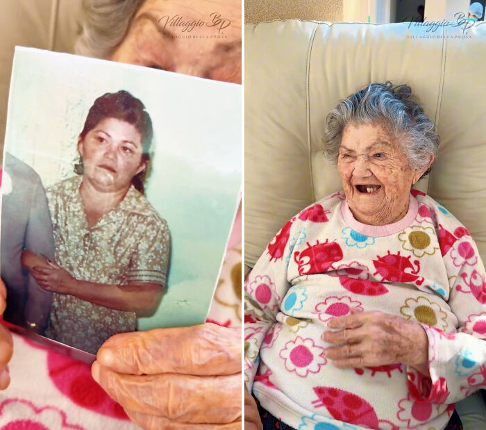 A Brazil nursing home resident laughs while holding a photo of her younger self from a heartwarming trend.