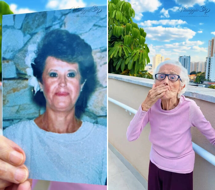 A Brazil nursing home resident makes a kissy face while holding a photo of her younger self, a heartwarming trend.