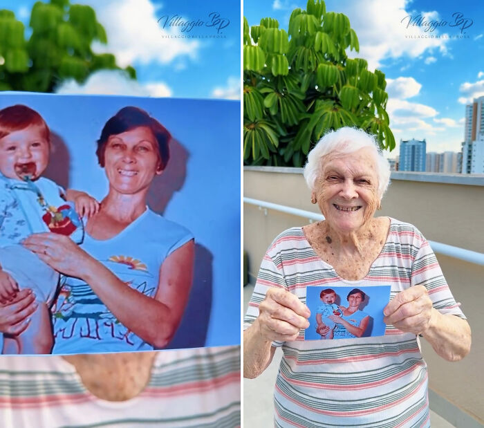 A Brazil nursing home resident holds a photo of her younger self with a baby, part of a heartwarming trend.