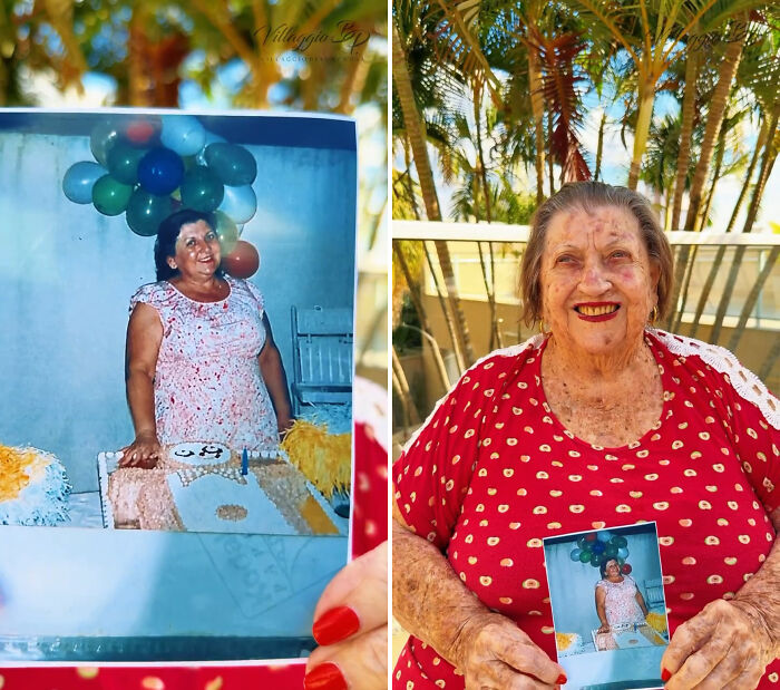 A Brazil nursing home resident smiles, holding a photo of her younger self celebrating a birthday, a heartwarming trend.