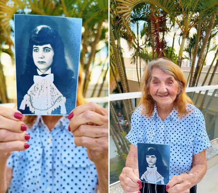A Brazil nursing home resident holds a photo of her younger self with long dark hair, showing a heartwarming trend.