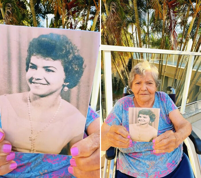 Brazil's nursing home residents in a heartwarming trend, pictured alongside their younger selves.