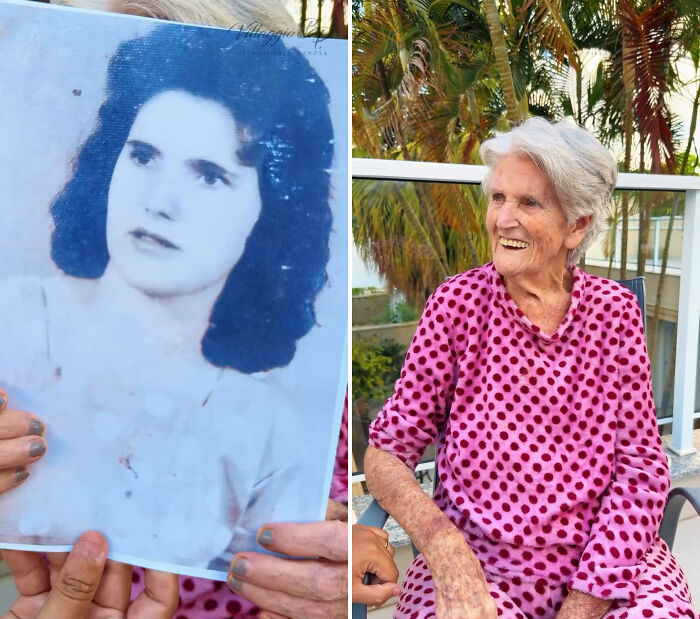 Brazil's nursing home residents in a heartwarming trend, pictured alongside their younger selves.