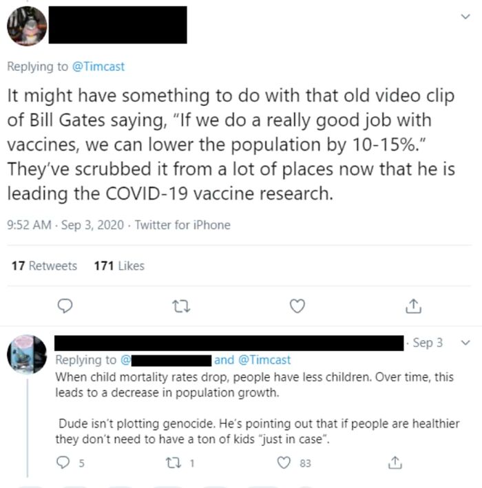 Tweet misunderstanding Bill Gates vaccine quote as population control