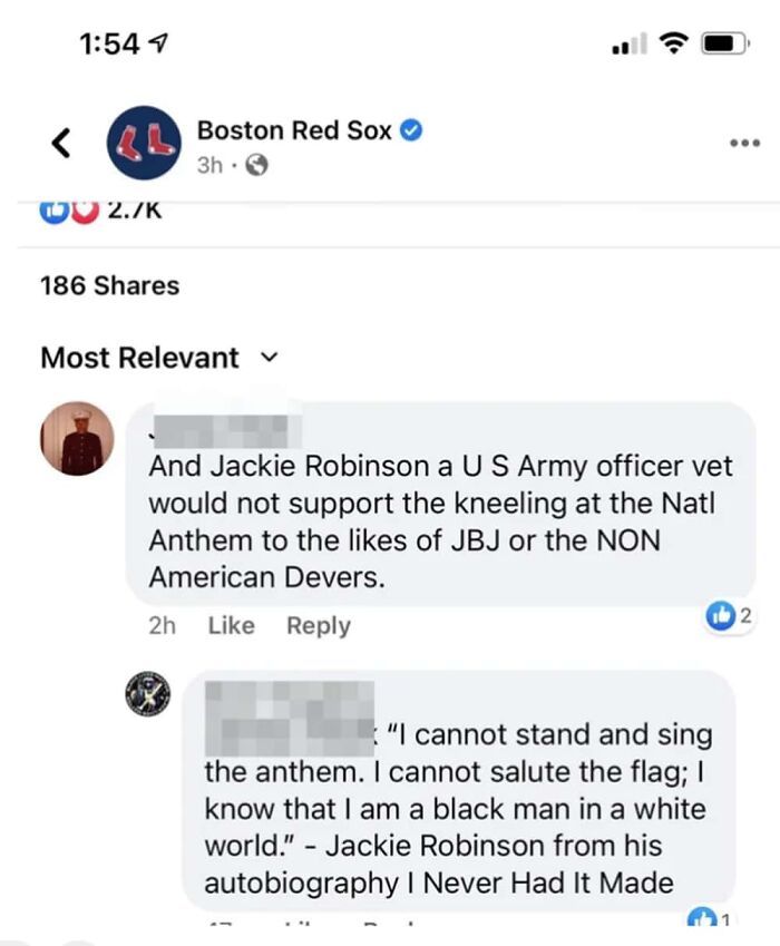 Social media comments debating Jackie Robinson and national anthem on Boston Red Sox post