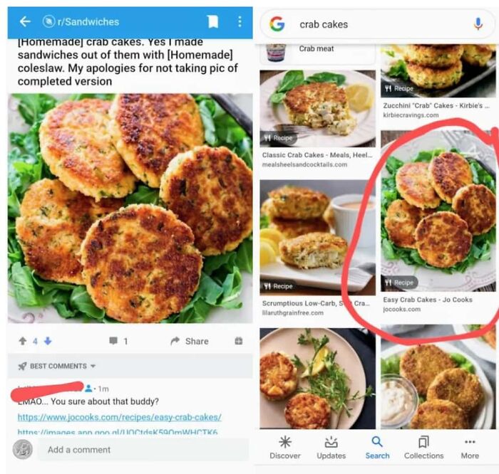 Reddit and Google images comparing homemade crab cakes with a recipe link