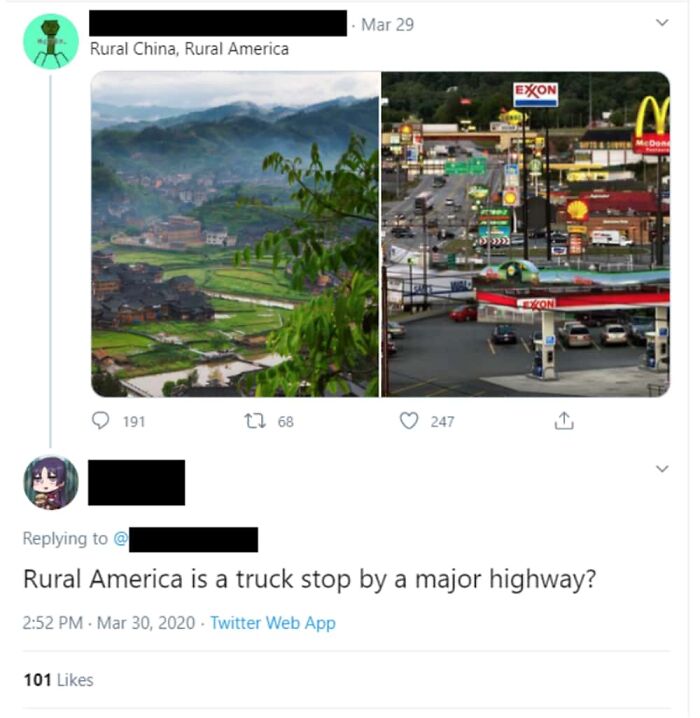 Rural America mistaken for a truck stop with major highway signs in facepalm online post