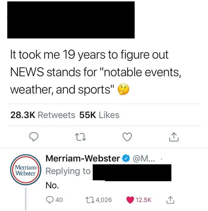Tweet wrongly claiming NEWS is an acronym for notable events weather and sports