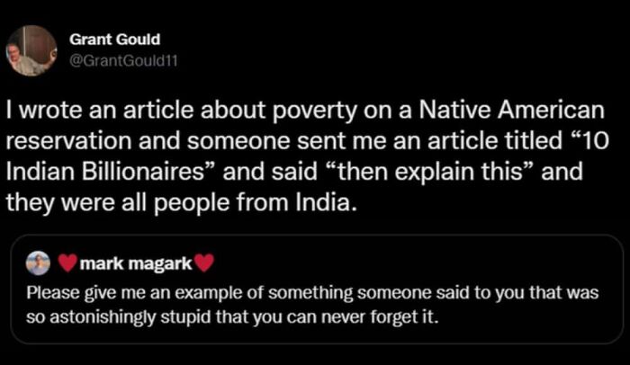 Tweet about confusing Native American poverty with Indian billionaires online