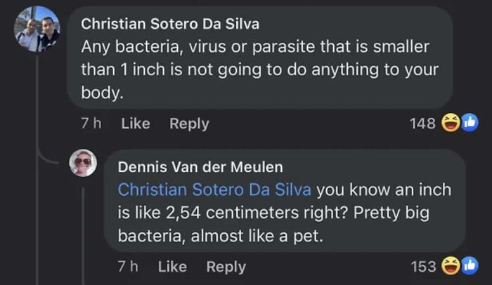 Comment stating bacteria smaller than an inch can't harm with correction on size