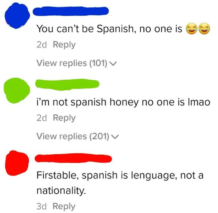 Online comments debating Spanish identity and language confusion