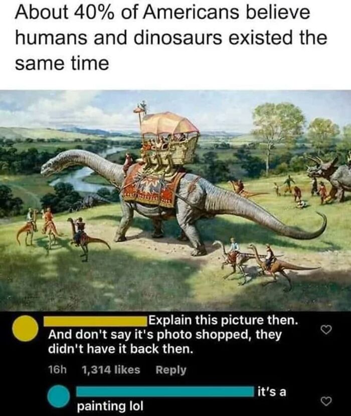 Social media comment mistakenly thinking a dinosaur painting is real proof of humans and dinosaurs together