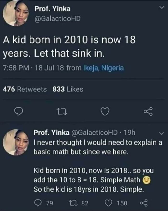 Funny tweet wrongly calculating age of kid born in 2010 with basic math error