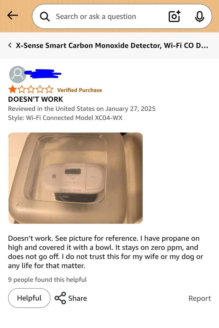 Amazon review showing a carbon monoxide detector underwater failing to detect propane gas
