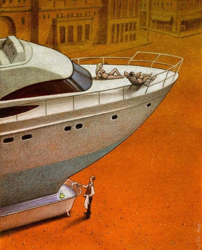 Satirical illustration of a butler filling a bathtub with water for a yacht from a small tub, satirizing modern society's excess.