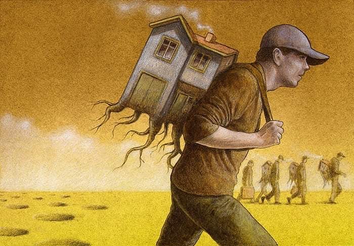 Satirical illustration of a man carrying a house with roots on his back, representing modern society's burdens.