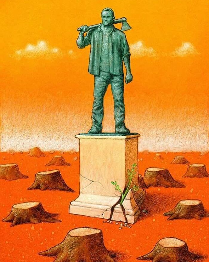 Satirical illustration: a statue of a man with an axe surrounded by tree stumps, a sapling breaking its base.