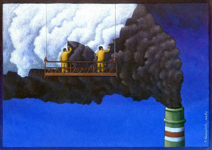 Satirical illustration of modern society: workers on a scaffold painting black smoke white from a chimney.