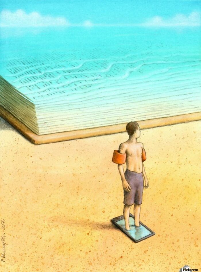 Satirical illustration highlighting modern society: a boy in arm floaties stands on a tablet, facing a giant book-ocean.
