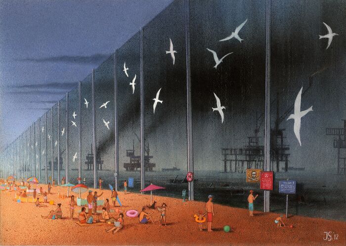 Satirical illustration showing a crowded beach next to a desolate, walled-off industrial area.
