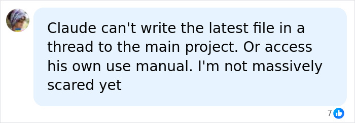 User discussing AI Claude's current limitations and lack of major fear