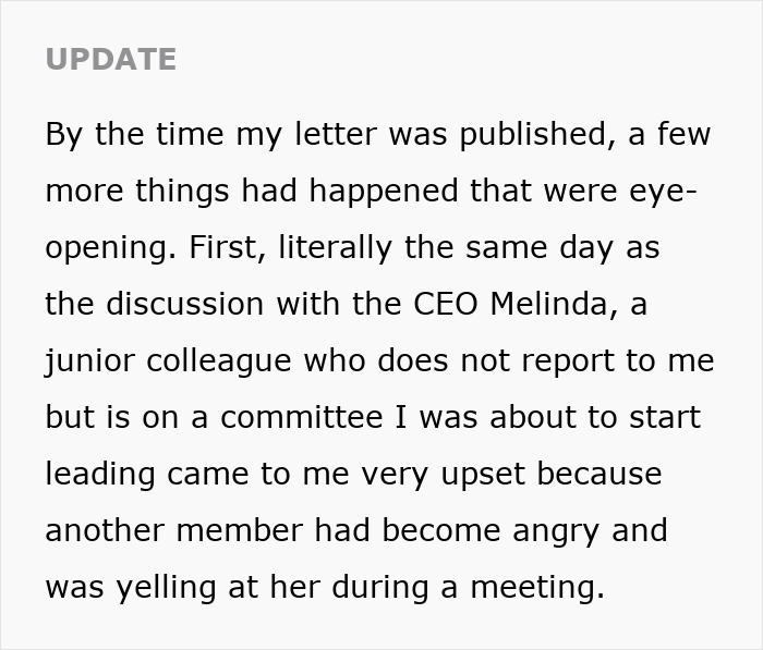 An update about an employee experiencing issues after the CEO stated a gender-biased complaint was filed. An update about an employee experiencing issues after the CEO stated a gender-biased complaint was filed.