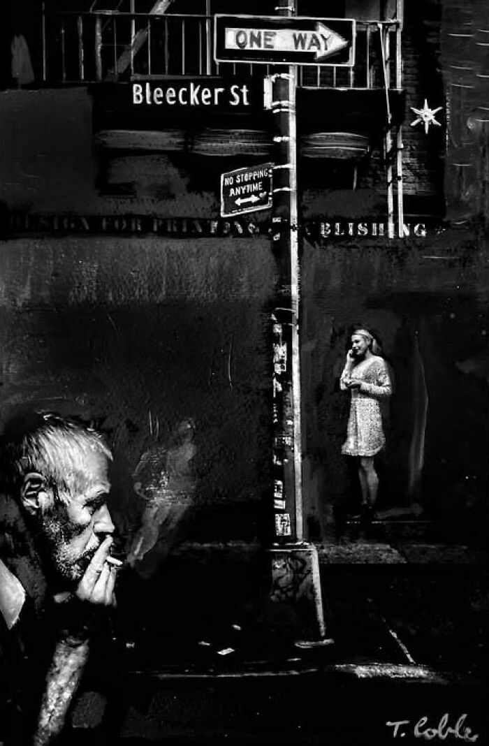 Gritty street photo by Taylor Coble showing a man smoking and a woman on a phone near a Bleecker St sign.