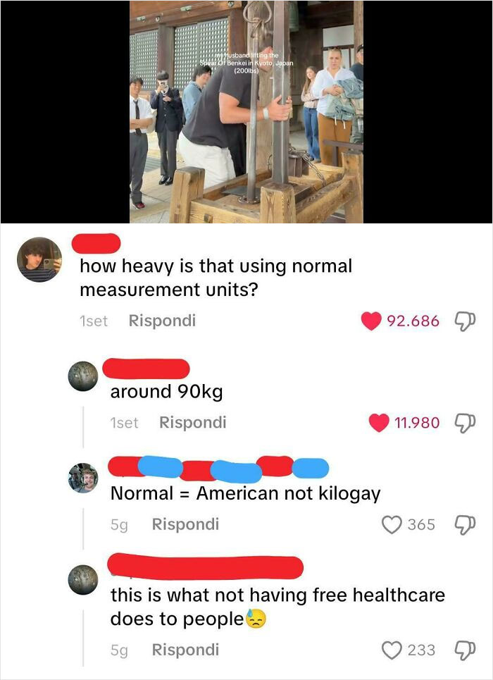 A social media post with a comment asking to convert kilograms to American units, showing how stupid Americans are.