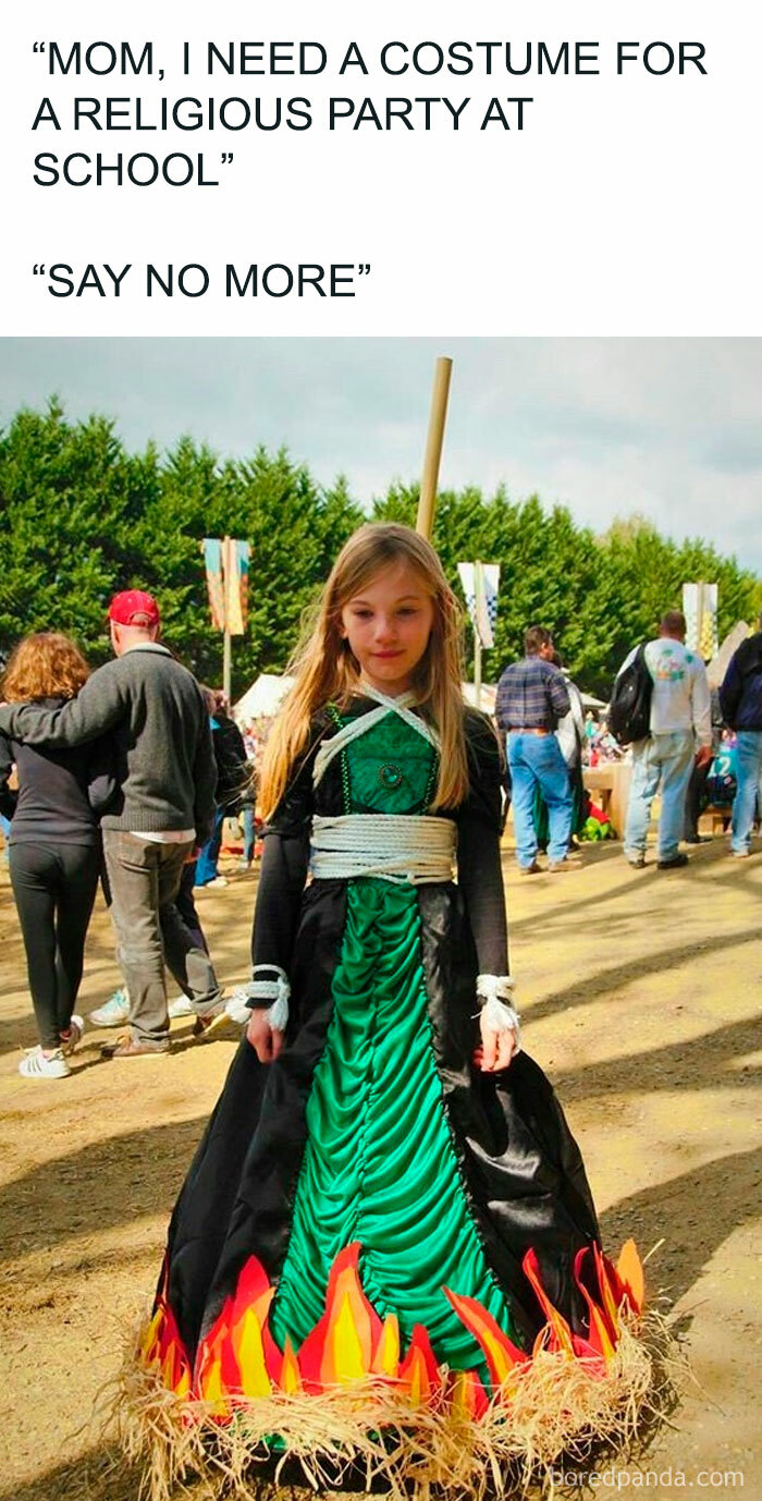 A child in a witch costume from the online group Delusions Of Adequacy, with a caption about a religious party.