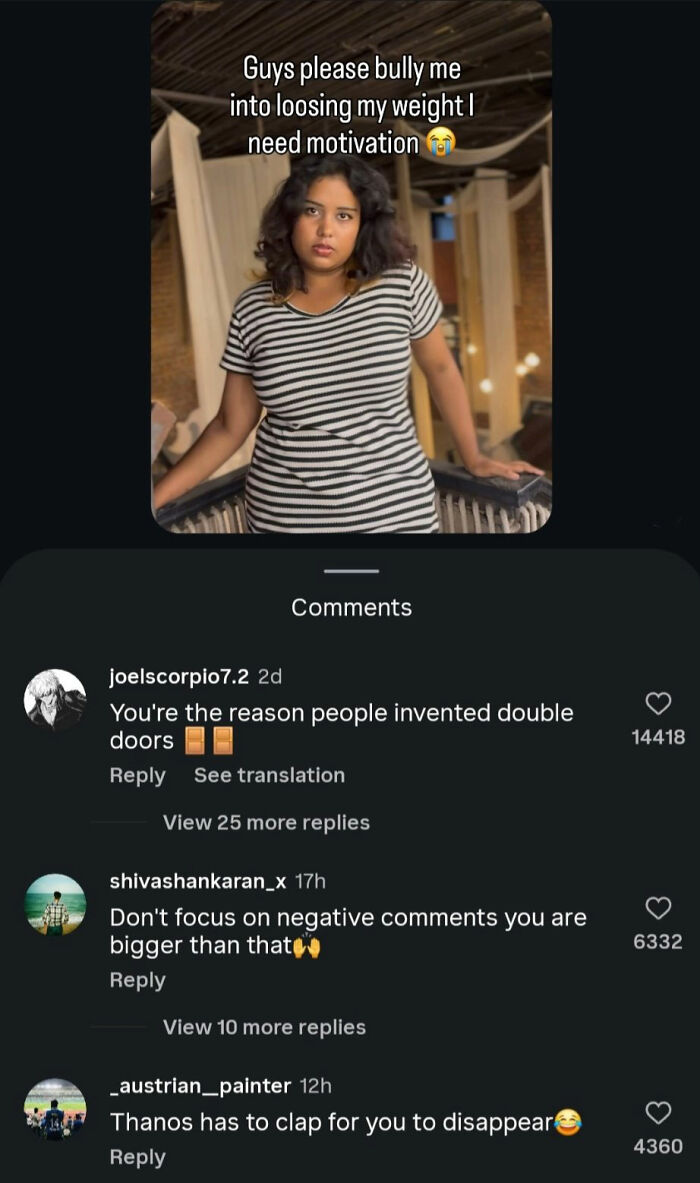 A screenshot of a social media post with a woman asking for motivation to lose weight, displaying several comments with perfect replies.