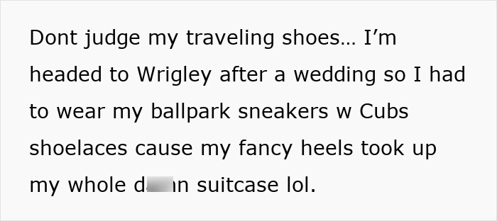 Text discussing the woman's traveling shoes after the entitled man kicked under her seat.