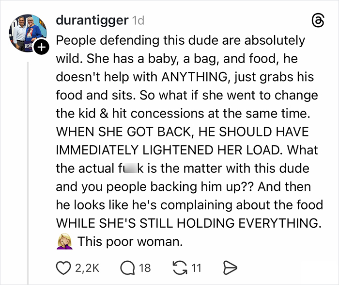 Comment criticizing a man not helping a mom with baby and food