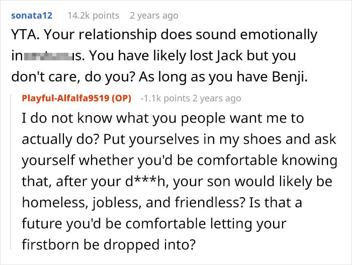 A comment criticizing the mother's relationship with her sons and her unfair inheritance decision for her son. A comment criticizing the mother's relationship with her sons and her unfair inheritance decision for her son.