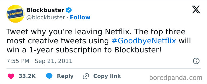 A Blockbuster tweet from 2011 asking people to leave Netflix, highlighting how beliefs and words age over time.